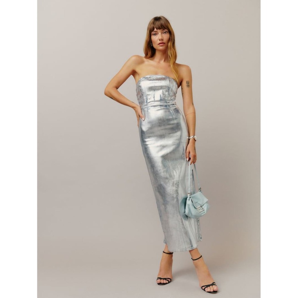 NWT Reformation Eugenia Silver Coated Denim Midi Dress Size 0 $198